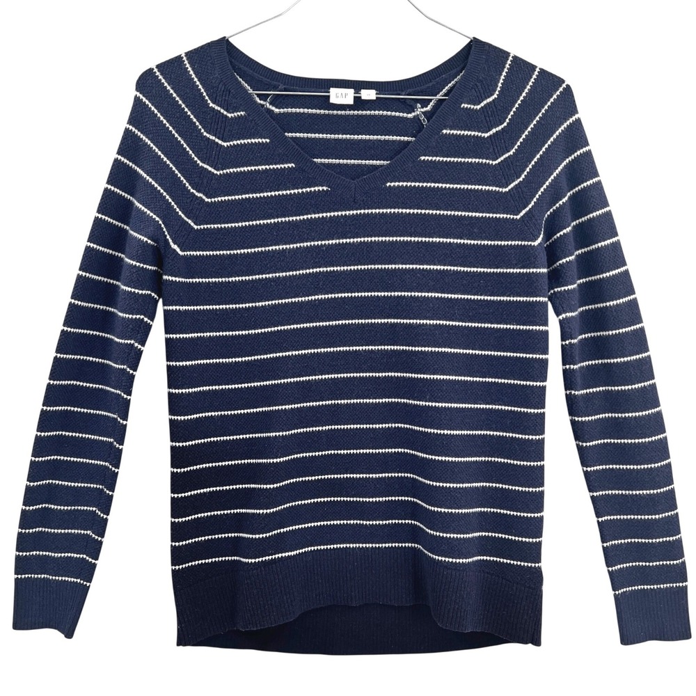 GAP Womens‎ Navy Stripe V-Neck Wool Blend Sweater Coastal Preppy XS